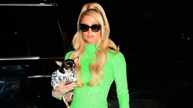 Paris Hilton seen in a sparkly fluorescent dress, late night shopping in Soho, NYC - 24 Jan 2022
