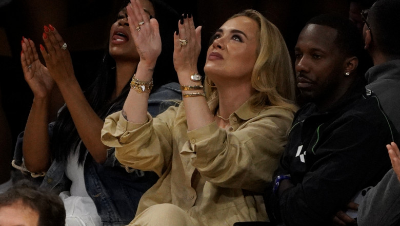 Adele Along With Boyfriend Rich Paul And Actress Nia Long Are Seen At Game 3 Of The NBA Playoffs Between The Los Angeles Lakers And The Golden State Warriors At Crypto.com Arena In Los Angeles, Ca