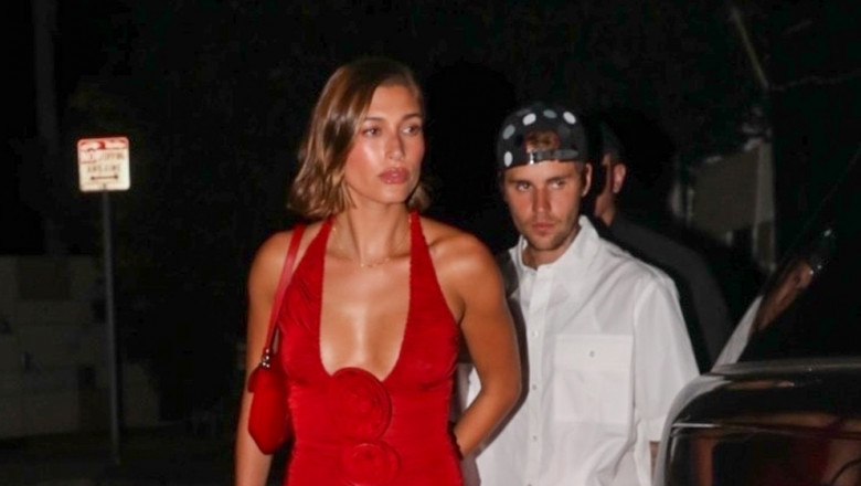 *EXCLUSIVE* Justin Bieber and Hailey coordinate in red for date night at The Nice Guy