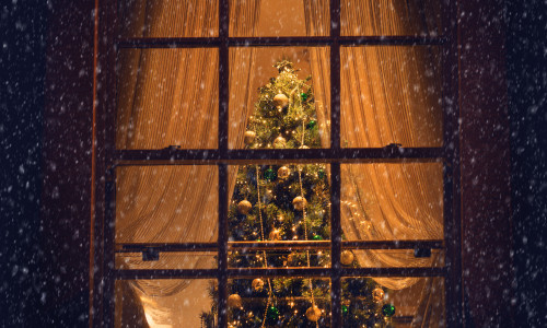 View of a Christmas tree through a living room window
