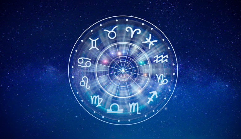 Zodiac signs inside of horoscope circle. Astrology in the sky with many stars and moons  astrology and horoscopes concept