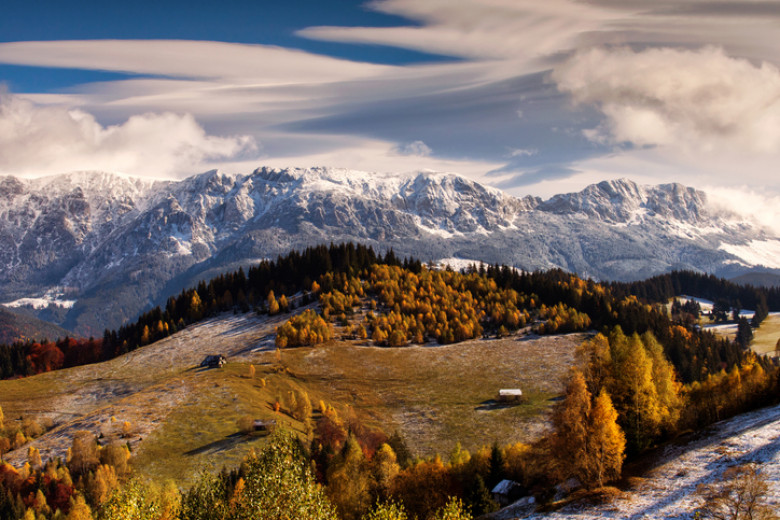 Beautiful colourful landscape between autumn and winter in Bran - Brasov, Romania.