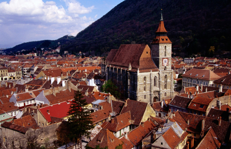 Overhead of Black Church and medieval houses, Transylvania.