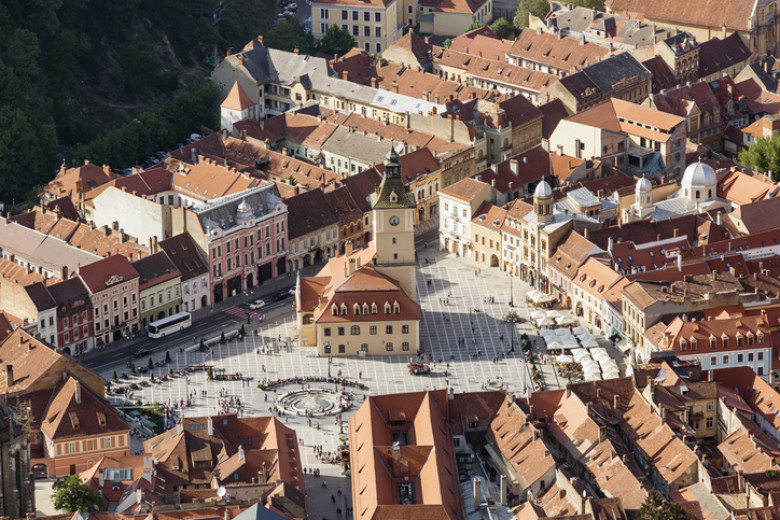 Aerial view of Brasov main square - Piata Sfatului, Transylvamia, Romania