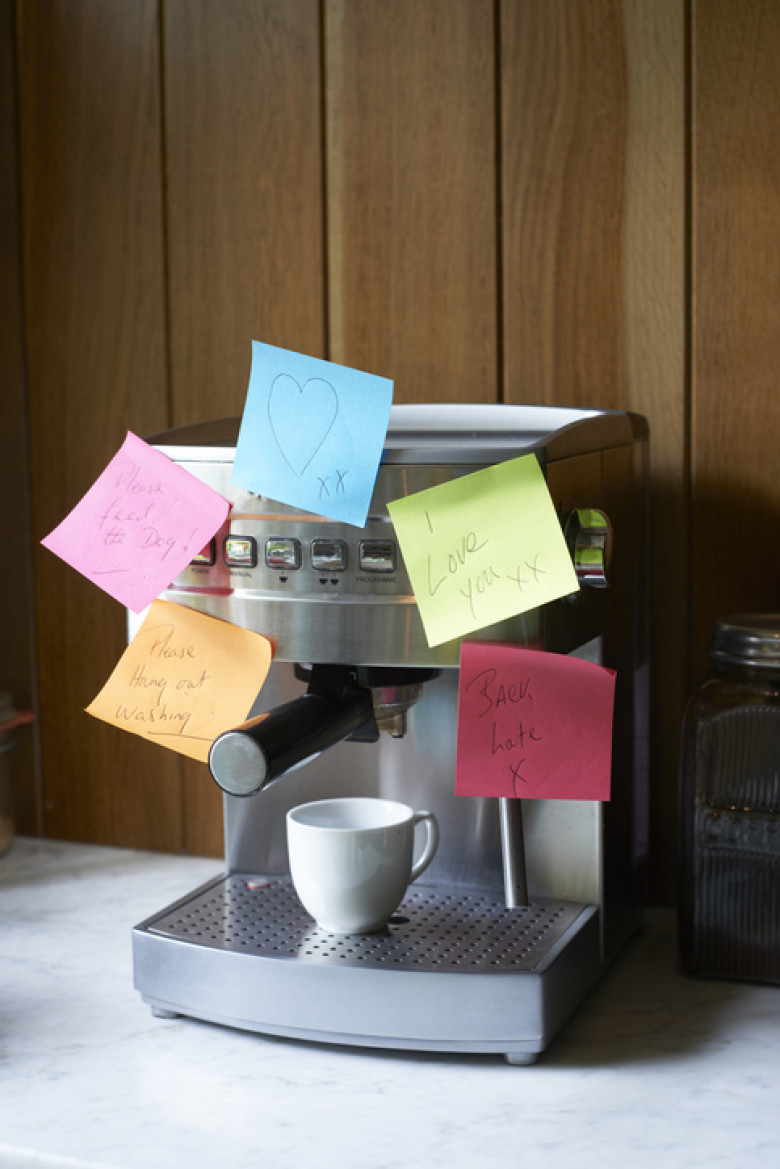 expresso machine with adhesive notes