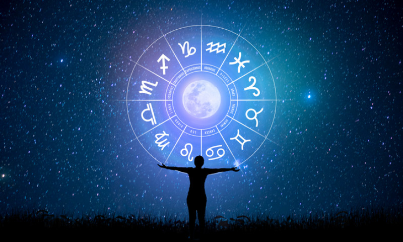 Zodiac signs inside of horoscope circle. Astrology in the sky with many stars and moons  astrology and horoscopes concept