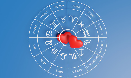 A pair of red hearts in the center of Zodiac circle on blue background. Illustration of the concept of love and relationship horoscope