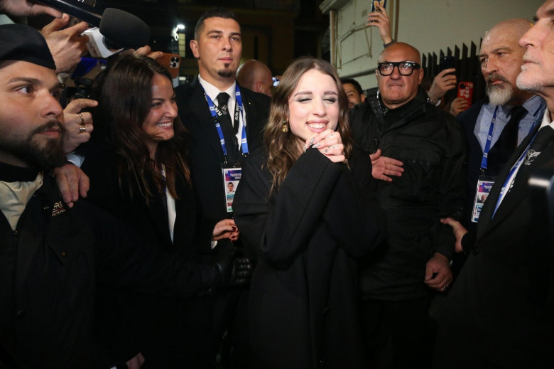 Sanremo, . 11th Feb, 2024. Sanremo, 74th Italian Song Festival - Angelina Mango leaves the Ariston Theater after winning the Festival Credit: Independent Photo Agency/Alamy Live News