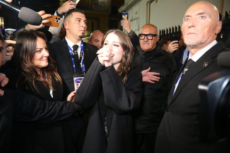 Sanremo, . 11th Feb, 2024. Sanremo, 74th Italian Song Festival - Angelina Mango leaves the Ariston Theater after winning the Festival Credit: Independent Photo Agency/Alamy Live News