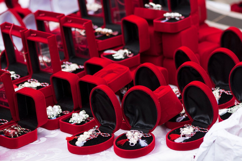 Red gift boxes. Celebration of Martisor (the celebration at the beginning of spring)