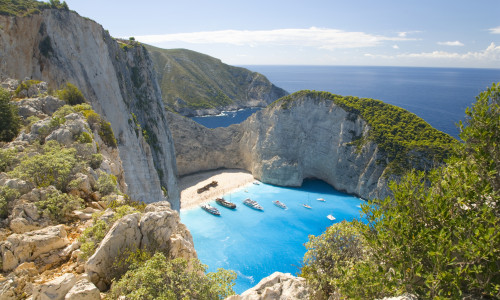 View from clifftop, Navagio Bay, Zakynthos, Greece