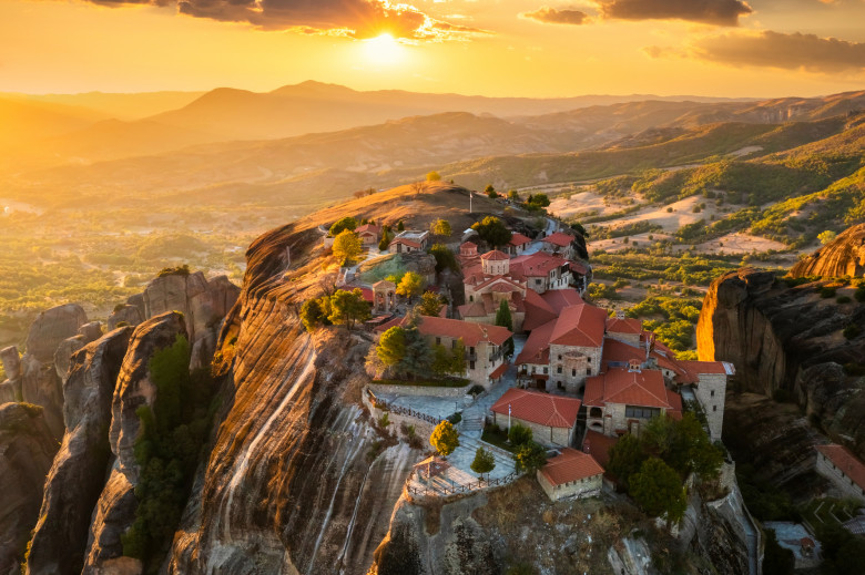 Mountain landscape with monastery at Meteora at sunset, Greece.