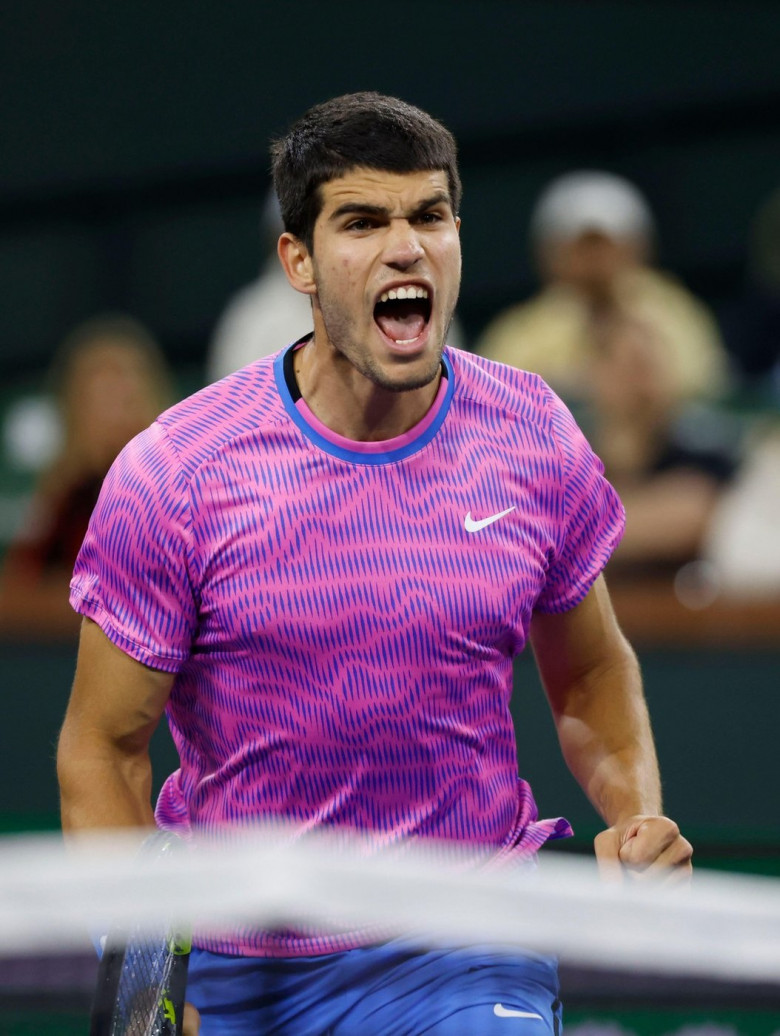March 08, 2024 Carlos Alcaraz of Spain reacts to winning a point against Matteo Arnaldi of Italy during the BNP Paribas Open in Indian Wells, CA. Charles Baus/CSM