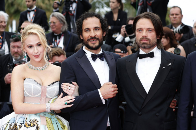 Maria Bakalova, Ali Abbasi und Sebastian Stan bei der Premiere des Kinofilms The Apprentice auf dem Festival de Cannes 2