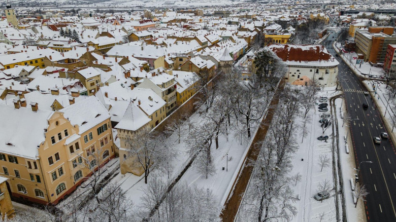 Drone photo of the city center of Sibiu, Romania. Photography was taken from a drone at a lower altitude, in winter season, above the boulevard.