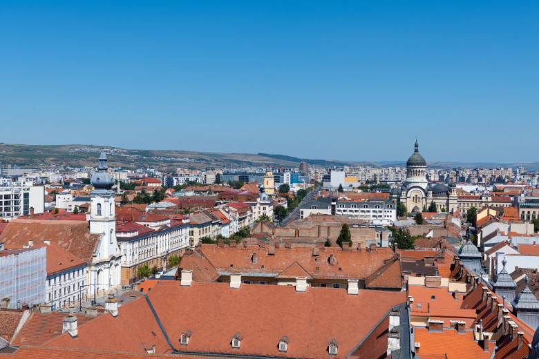 Aerial cityscape with Dormition of the Theotokos Cathedral, Cluj-Napoca, Romania