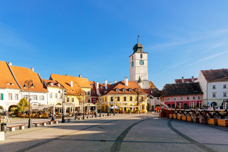 Small Square (Piata Mica) in Sibiu on a sunny day, Transylvania, Romania