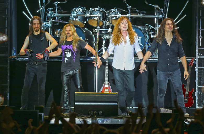 Megadeth. Von links: Dirk Verbeuren, James LoMenzo, Dave Mustaine, Kiko Loureiro. Konzert der US-amerikanischen Metalban