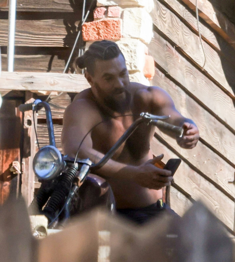 *EXCLUSIVE* Jason Momoa works Shirtless on his vintage motorcycles in Malibu after delivering tree to ex Lisa as couple are reportedly spending holidays together.