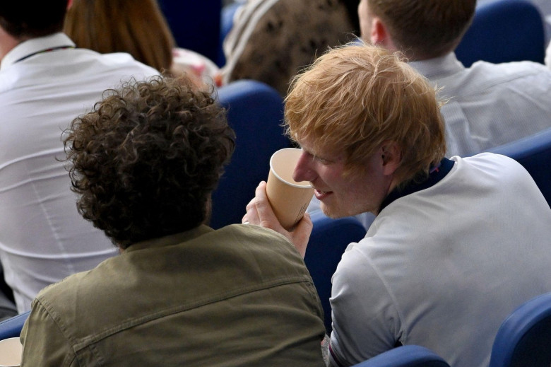 Gelsenkirchen, Germany. 30th June, 2024. Soccer, UEFA Euro 2024, European Championship, England - Slovakia, final round, round of 16, Arena AufSchalke, singer Ed Sheeran in the stands. Credit: Fabian Strauch/dpa/Alamy Live News