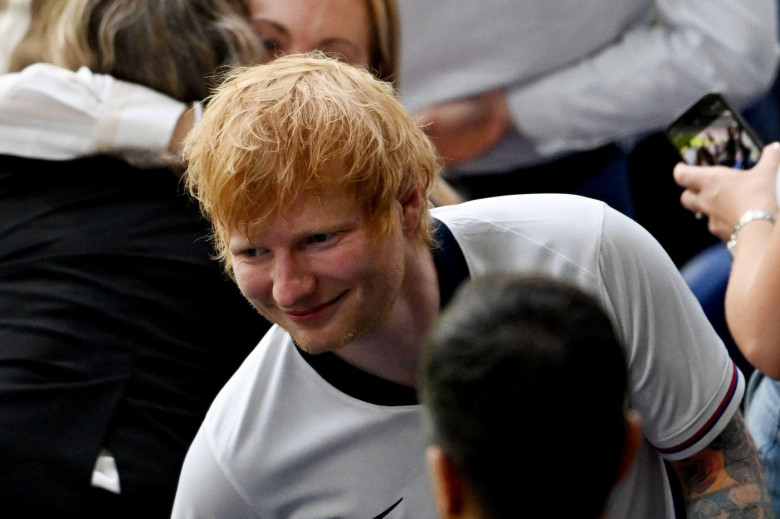 Gelsenkirchen, Germany. 30th June, 2024. Soccer, UEFA Euro 2024, European Championship, England - Slovakia, final round, round of 16, Arena AufSchalke, singer Ed Sheeran in the stands. Credit: Fabian Strauch/dpa/Alamy Live News