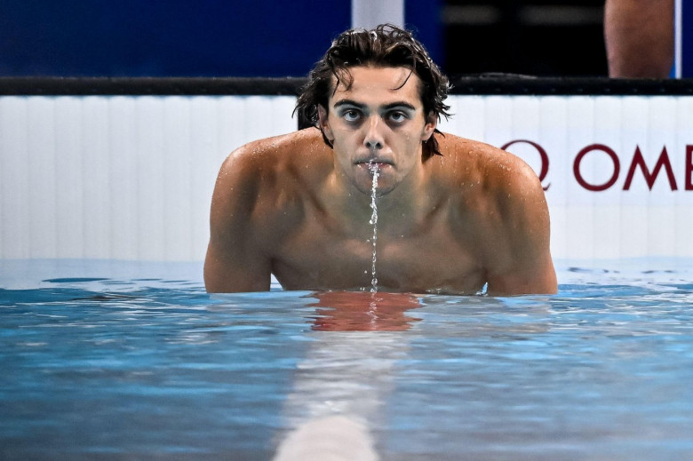 Paris, France. 29th July, 2024. Thomas Ceccon of Italy reacts after winning the gold medal in the swimming 100m Backstroke Men Final during the Paris 2024 Olympic Games at La Defense Arena in Paris (France), July 29, 2024. Credit: Insidefoto di andrea sta