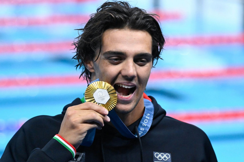 Paris, France. 29th July, 2024. Thomas Ceccon ( ITA ) Gold medal, Swimming, Men's 100m Backstroke during the Olympic Games Paris 2024 on 29 July 2024 at Paris La Defense Arena in Paris, France - Photo Federico Pestellini/Panoramic/DPPI Media Credit: DPPI