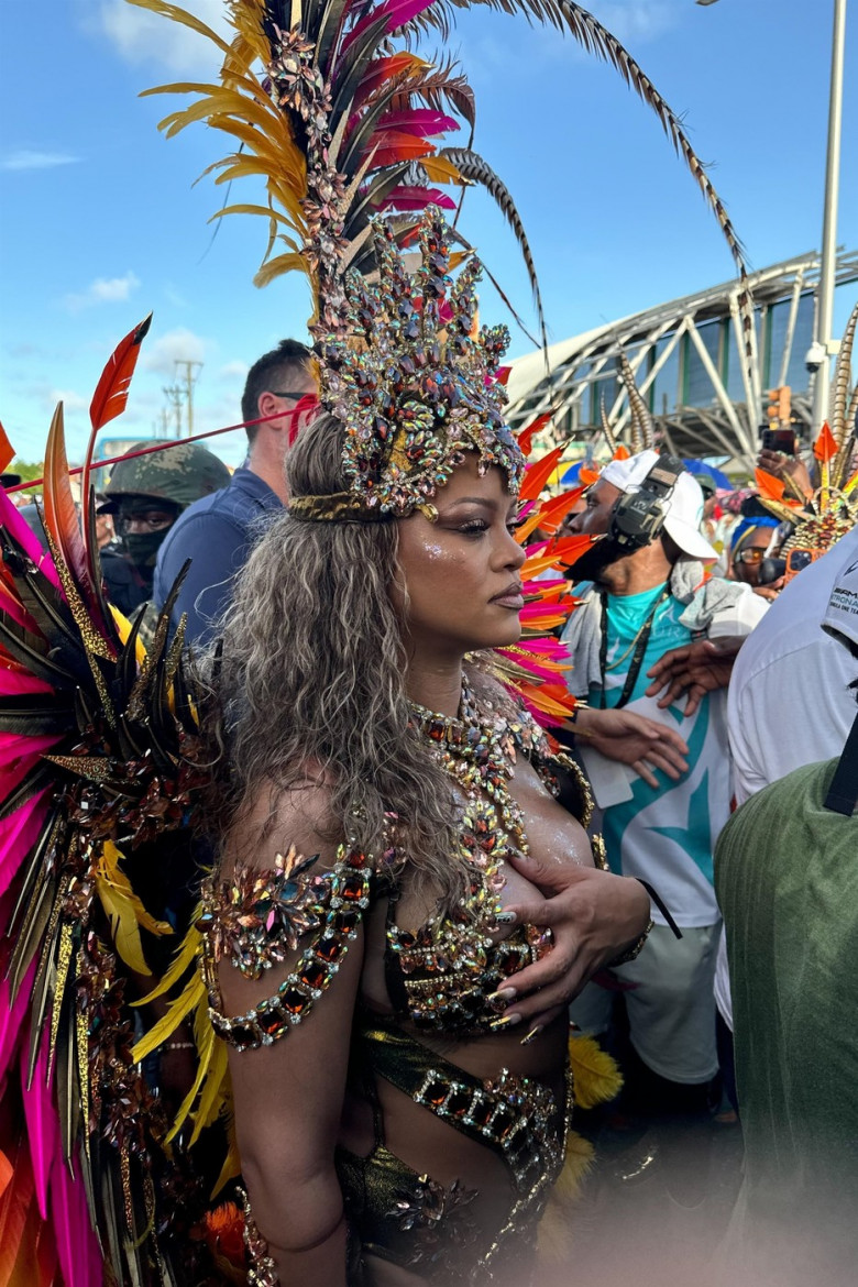 *EXCLUSIVE* Rihanna Dazzles in Bejeweled, Curve-Baring Carnival Costume