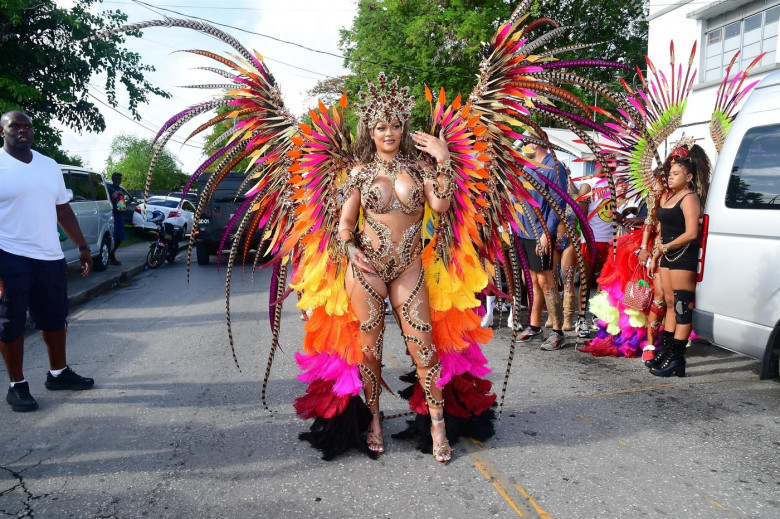 *EXCLUSIVE* Rihanna Dazzles in Bejeweled, Curve-Baring Carnival Costume