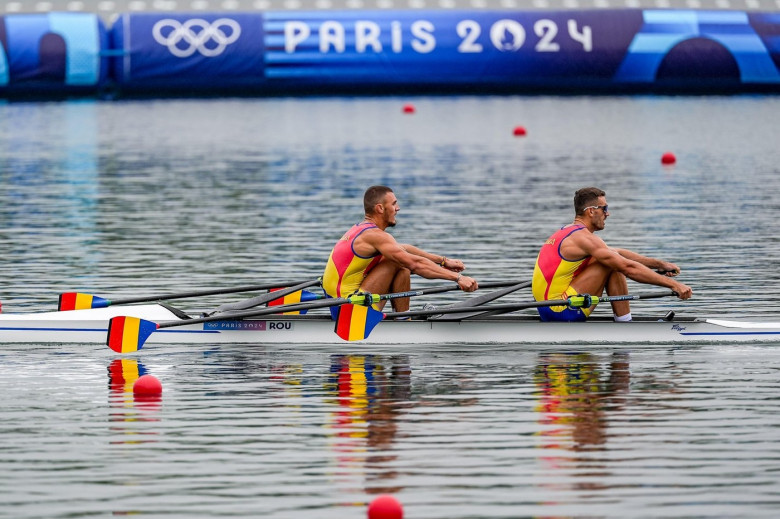 Paris, France. 27th July, 2024. PARIS, FRANCE - JULY 27: Andrei Sebastian Cornea of Romania and Marian Florian Enache of Romania competing in the Men's Double Sculls Heat during Day 1 of Rowing - Olympic Games Paris 2024 at Vaires-Sur-Marne Nautical Stadi