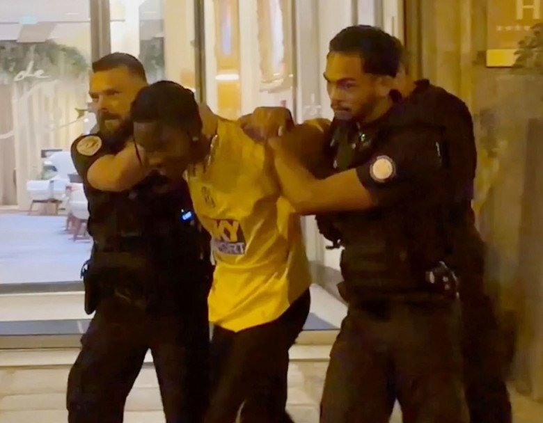 *PREMIUM-EXCLUSIVE* *MUST CALL FOR PRICING* The American Rapper Travis Scott is arrested, handcuffed and led away by Police from the George V Four Seasons Hotel in Paris.