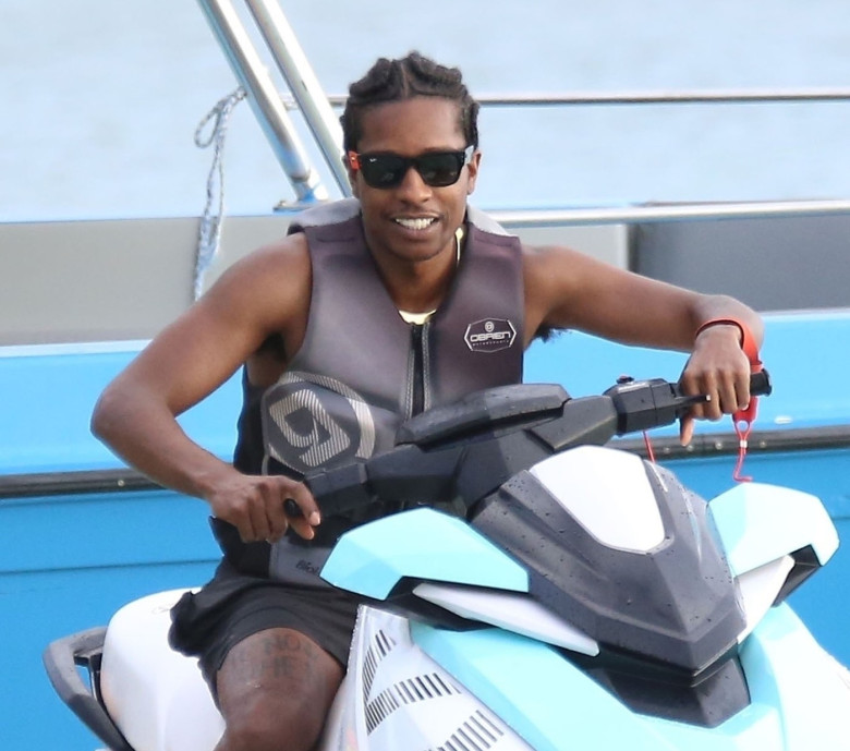 *PREMIUM-EXCLUSIVE* MUST CALL FOR PRICING BEFORE USAGE  - The Barbadian singer Rihanna with her beau, the American Rapper Asap Rocky are seen out on the beach where they boarded 'The Great Big Mable' Sofa Inflatable for a thrill-seeking ride out to sea du