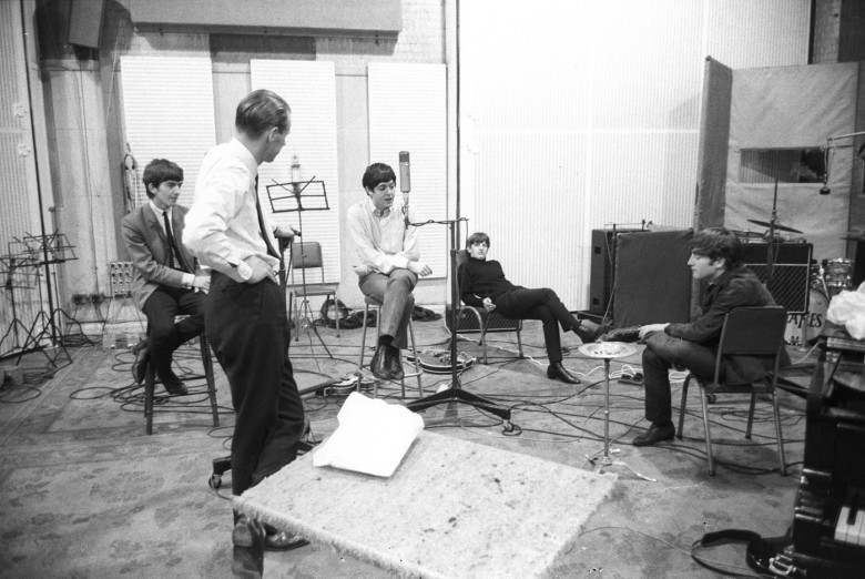 The Beatles, John Lennon, Paul McCartney, George Harrison and Ringo Starr. During  a group recording session at the E.M.I. studios. 13th September 1963.Credit - The Times