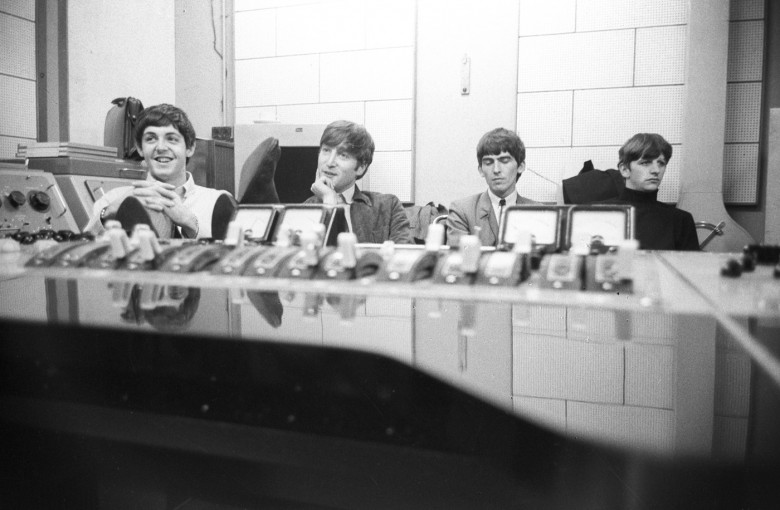 The Beatles, John Lennon, Paul McCartney, George Harrison and Ringo Starr. During  a group recording session at the E.M.I. studios. 13th September 1963.Credit - The Times