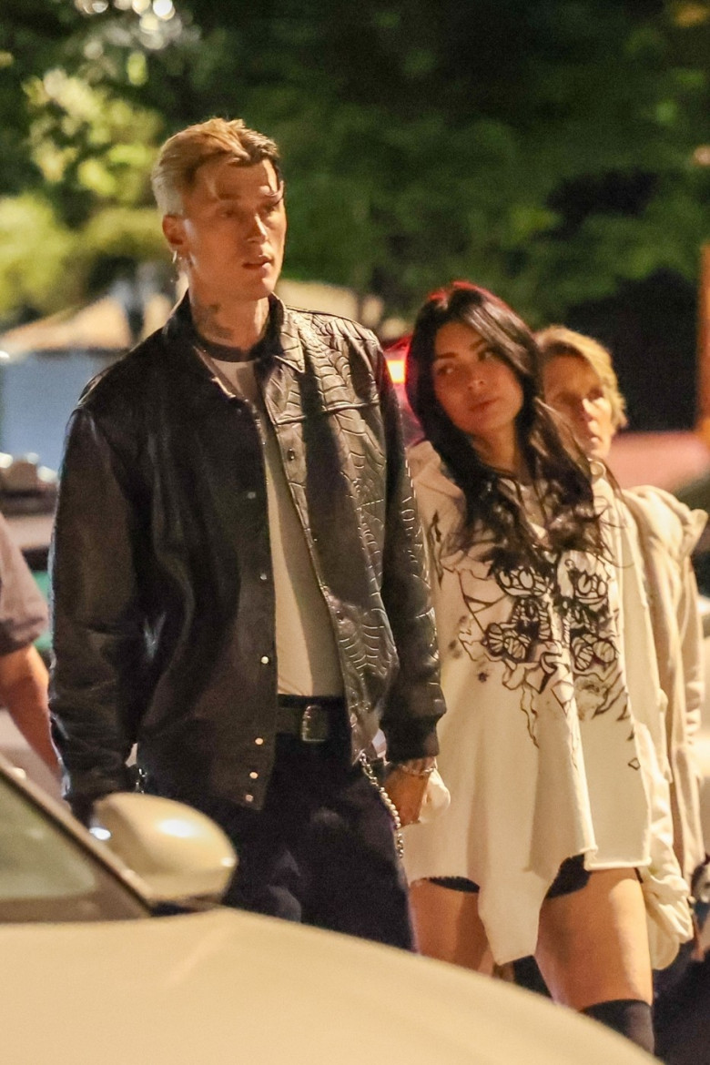 *EXCLUSIVE* MGK and Megan Fox step out with his mother for dinner and a quick stop at Erewhon **WEB MUST CALL FOR PRICING**