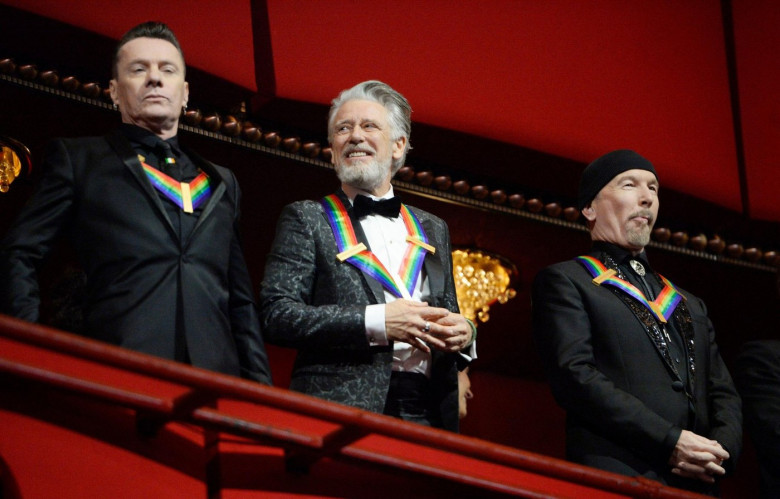 U2 band members Larry Mullen Jr. (L) Adam Clayton (C) and the Edge attend the 45th Kennedy Center Honors ceremony in Washington, DC on Sunday, December 4, 2022. The Honorees are George Clooney, Singer Gladys Knight, singer-songwriter Amy Grant, Knight, co