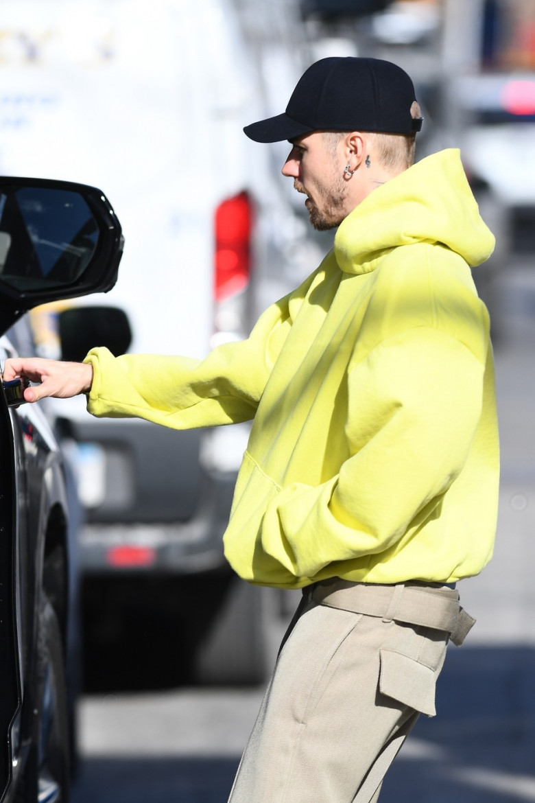 Justin Bieber steps out in New York in a bold neon hoodie