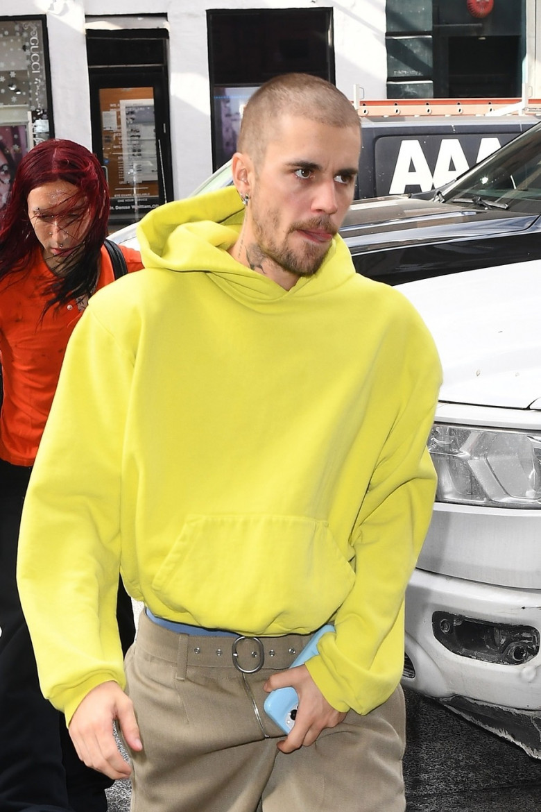 Justin Bieber steps out in New York in a bold neon hoodie