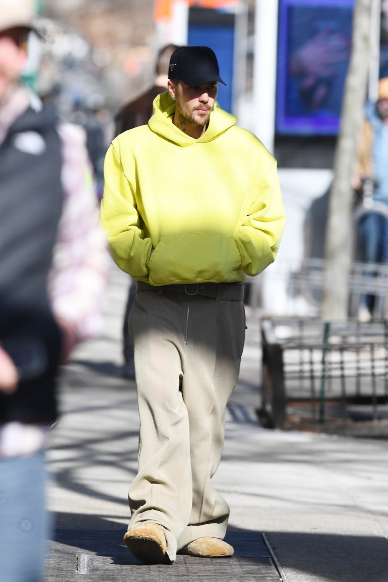 Justin Bieber steps out in New York in a bold neon hoodie