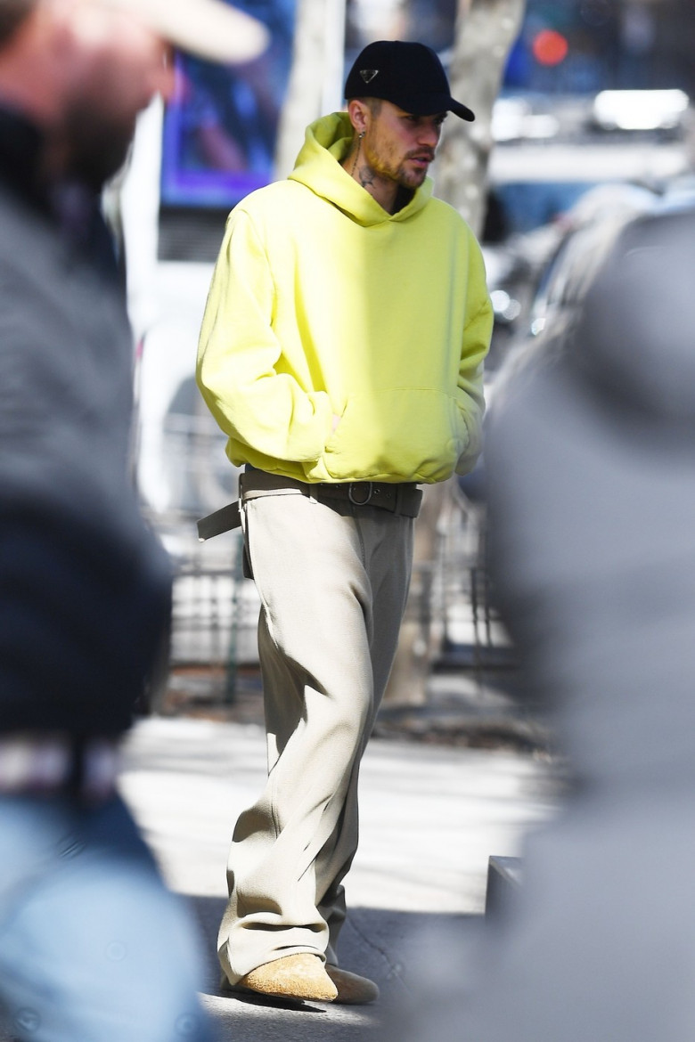 Justin Bieber steps out in New York in a bold neon hoodie