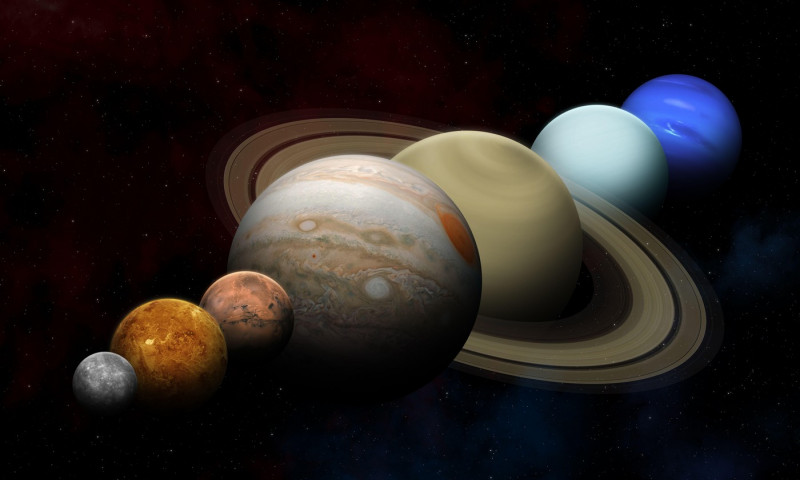 A planetary alignment, or a planetary parade. Mercury, Venus, Mars, Jupiter, Saturn, Uranus and Neptune. Elements of this image furnished by NASA.