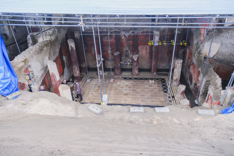 pompeii, a frescoed room with initiation into the mysteries and procession of dionysus emerges