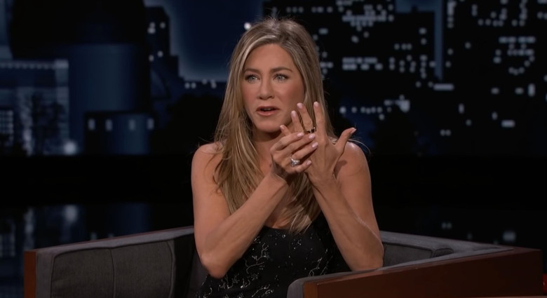 Jennifer Aniston reveals on Jimmy Kimmel Kimmel Live! how the late night host got her ‘addicted’ to a ring that she then lost while ‘tossing a salad’ at his home