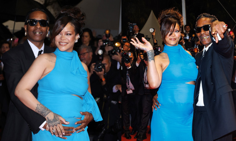 Rihanna își etalează burtica de gravidă într-o rochie albastră, alături de A$AP Rocky, pe covorul roșu de la Cannes 2025