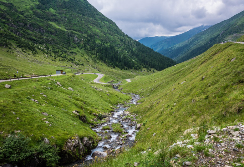 Scenic view with Transfagarasan Road (DN7C) crossing the southern section of the Carpathian Mountains in Romania