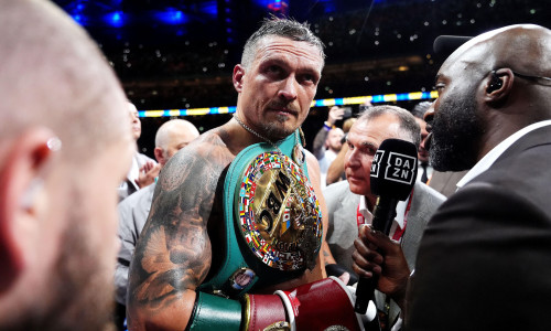 Oleksandr Usyk speaks to the media in the ring after knocking down Daniel Dubois during their IBF, IBO, WBC and WBO World heavyweight bout at Wembley Stadium, London. Picture date: Saturday July 19, 2025.