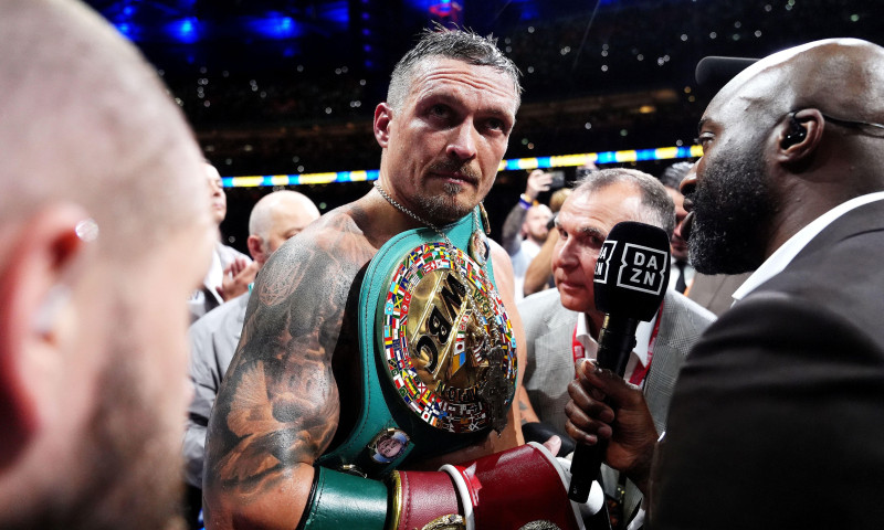 Oleksandr Usyk speaks to the media in the ring after knocking down Daniel Dubois during their IBF, IBO, WBC and WBO World heavyweight bout at Wembley Stadium, London. Picture date: Saturday July 19, 2025.