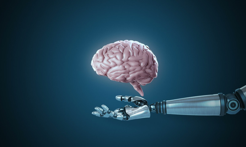 Robotic hand presenting digital human brain
