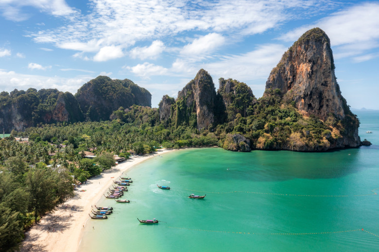 Aerial view of Railay beach seen from a drone One of Thailand's most famous luxurious beach in summer sunny day in Krabi, Thailand.