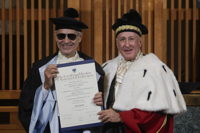 Federico II University of Naples, tenor Andrea Bocelli is awarded an Honorary degree in management of social services and policies thanks to his foundation which bears his name, in the presence of his wife Veronica Berti.